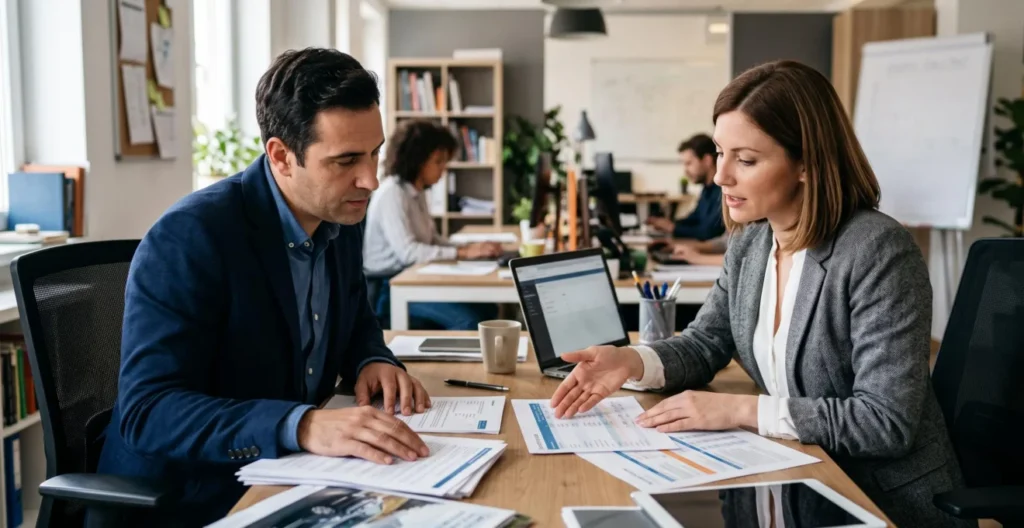Un gestionnaire de flotte et un conseiller financier examinent ensemble des documents de comparaison de financement automobile lors d'une réunion professionnelle dans un bureau Un gestionnaire de flotte et un conseiller financier examinent ensemble des documents de comparaison de financement automobile lors d'une réunion professionnelle dans un bureau