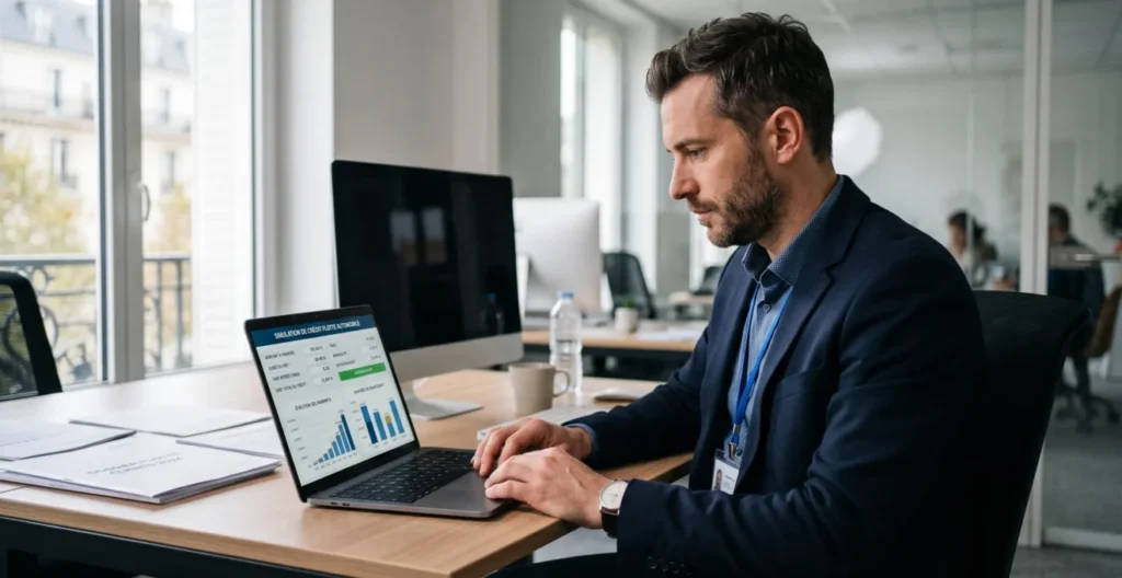 Un professionnel utilise un ordinateur portable pour effectuer une simulation de crédit automobile en ligne dans son bureau, les mains sur le clavier face à l'écran Un professionnel utilise un ordinateur portable pour effectuer une simulation de crédit automobile en ligne dans son bureau, les mains sur le clavier face à l'écran